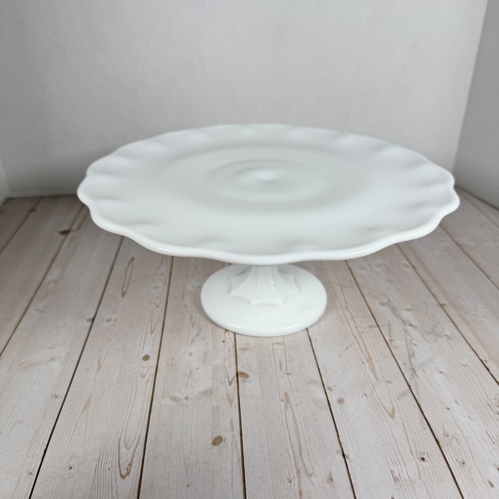 Fire-King Anchor Hocking Milk Glass Cake Stand White Ruffled Edge Pedestal 10"